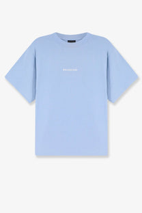 Light blue balenciaga women’s cotton t-shirt with minimalist white logo across the chest