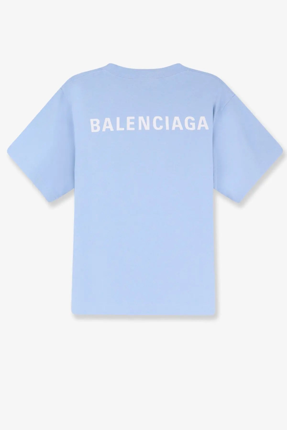 Light blue balenciaga women’s cotton t shirt with white lettering across the back