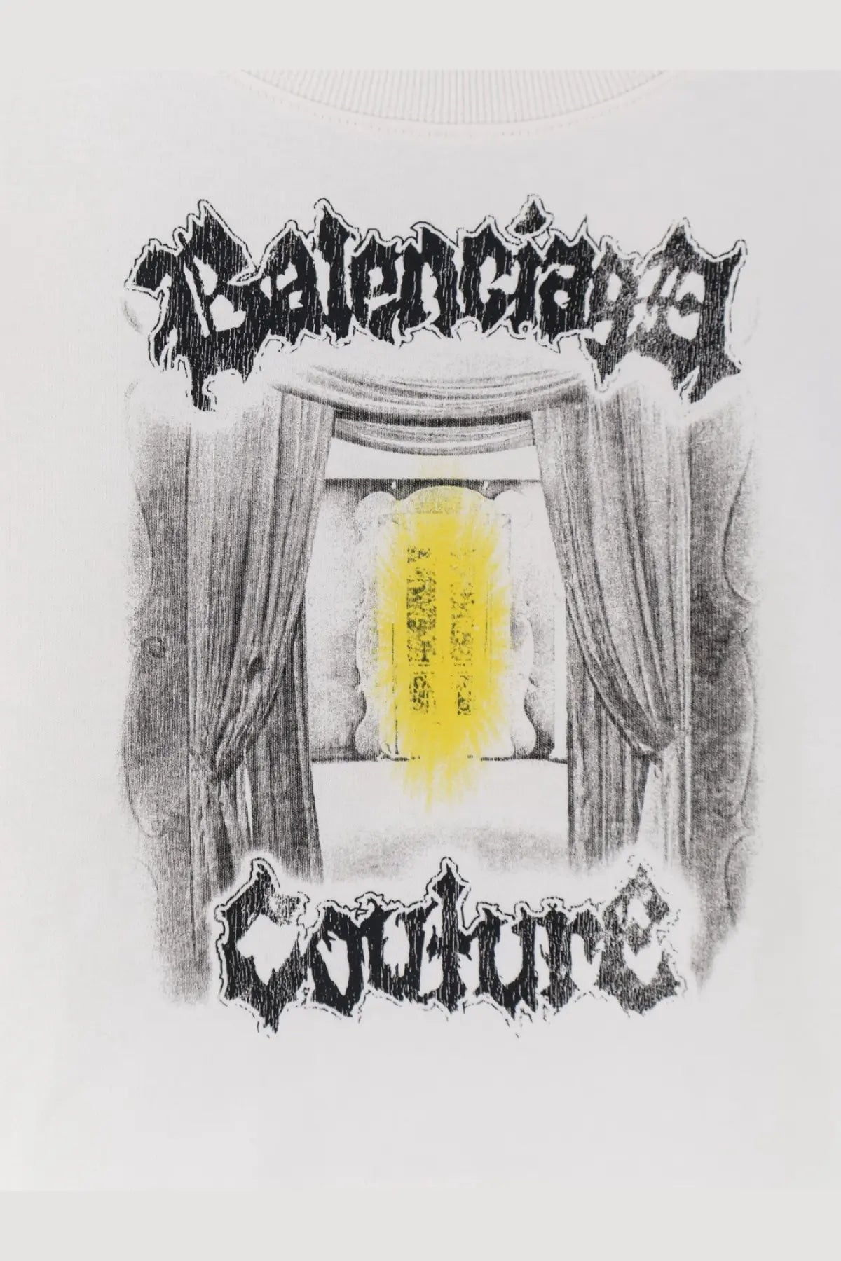White balenciaga women’s cotton shirt featuring a black sketch-style theater curtain illustration with a glowing yellow doorway