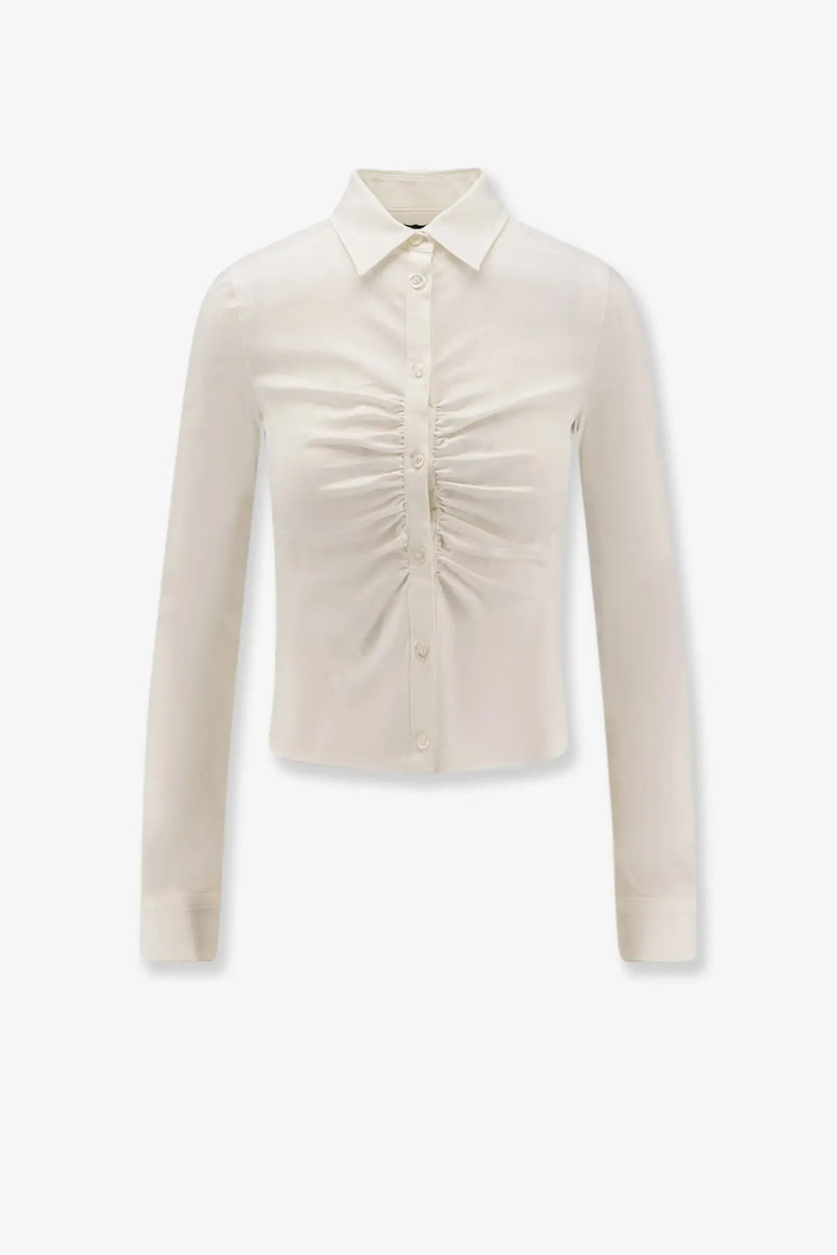 Balenciaga women’s cotton cream-colored long-sleeved shirt with ruched front button-up design