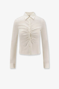 Balenciaga women’s cotton cream-colored long-sleeved shirt with ruched front button-up design