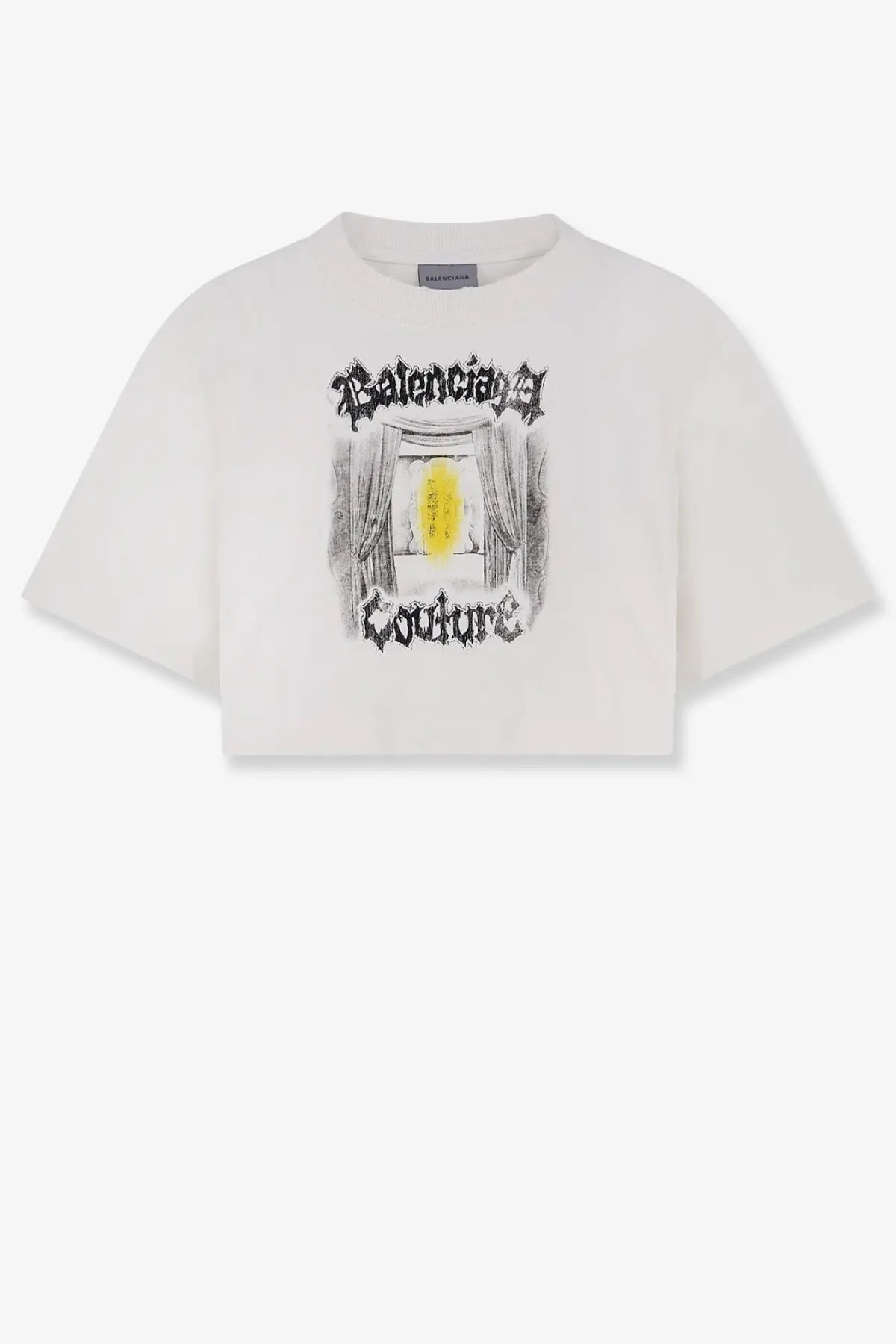 Balenciaga women’s white cotton cropped t-shirt with black and yellow ornate doorway graphic print and gothic logo