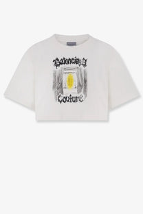 Balenciaga women’s white cotton cropped t-shirt with black and yellow ornate doorway graphic print and gothic logo