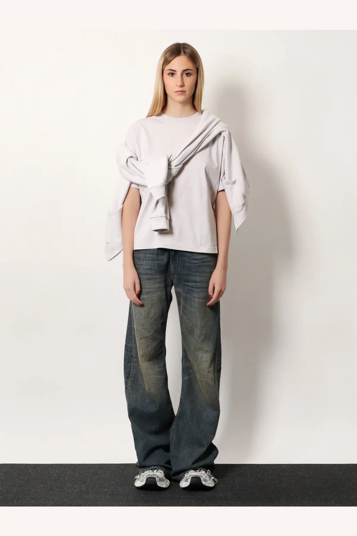 Balenciaga women’s cotton shirt white oversized light gray sweatshirt with draped asymmetrical design over jeans