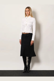 Balenciaga women’s white cotton shirt with long sleeves, structured collar, and ruched front detail cropped design