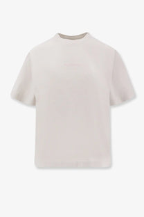 Balenciaga women’s cotton off-white short-sleeved shirt with a subtle embroidered logo across the chest