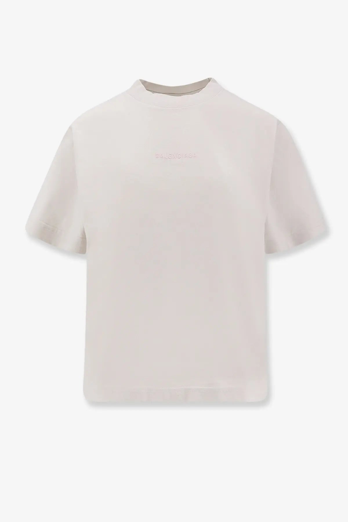 Balenciaga women’s off-white cotton shirt with short sleeves and faintly embroidered logo across the chest