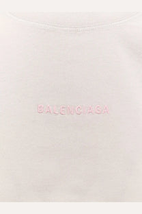 Balenciaga women’s off-white cotton t-shirt with a subtle pink embroidered logo across the chest