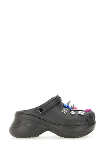 Black Balenciaga women’s Crocs Jibbitz sabot clog with platform sole and colorful metallic fabric charms