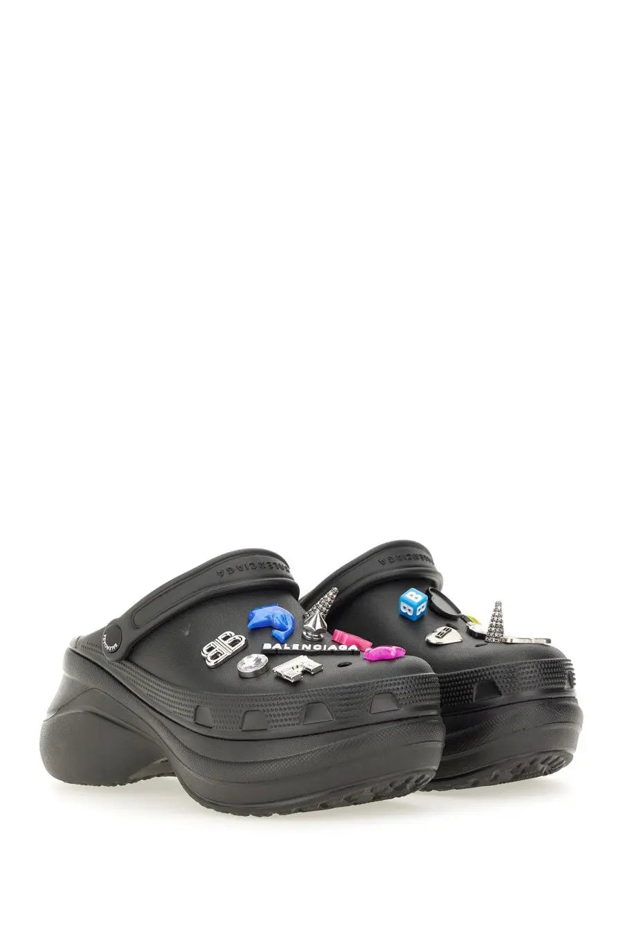 Balenciaga women’s black Crocs clog sandals with colorful metallic decorative charms for casual wear