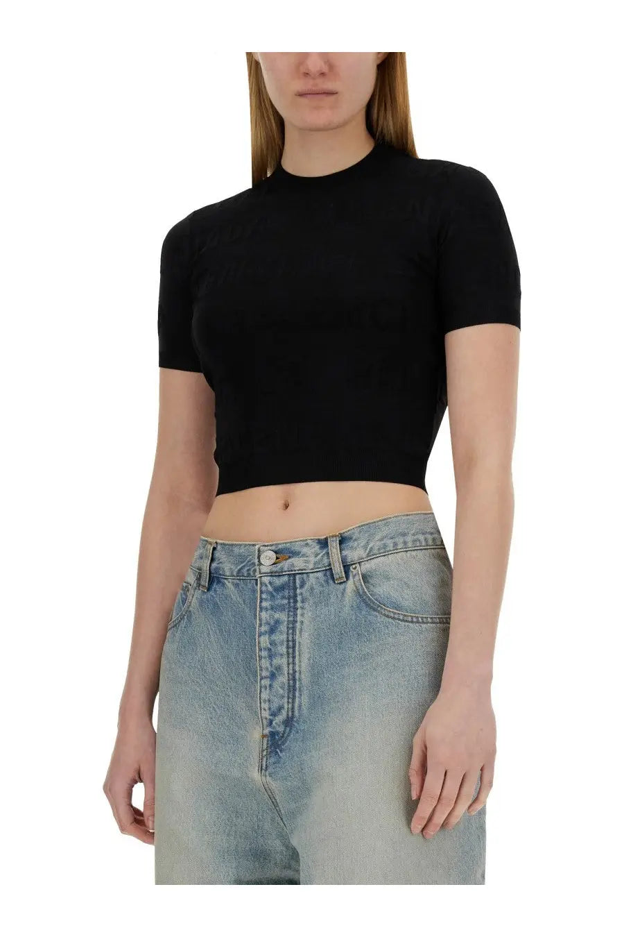 Black ribbed short sleeve crop top made of stretchy fabric from Balenciaga womens cropped shirt black collection
