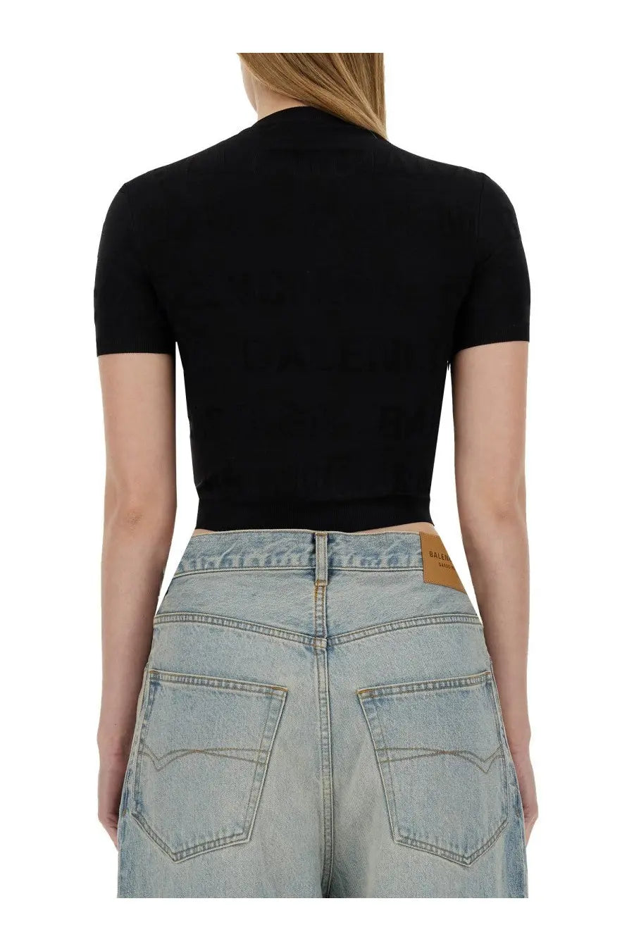 Balenciaga women’s black cropped shirt with short sleeves high neckline and fitted silhouette