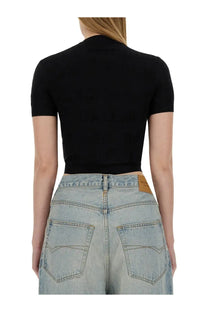 Balenciaga women’s black cropped shirt with short sleeves high neckline and fitted silhouette