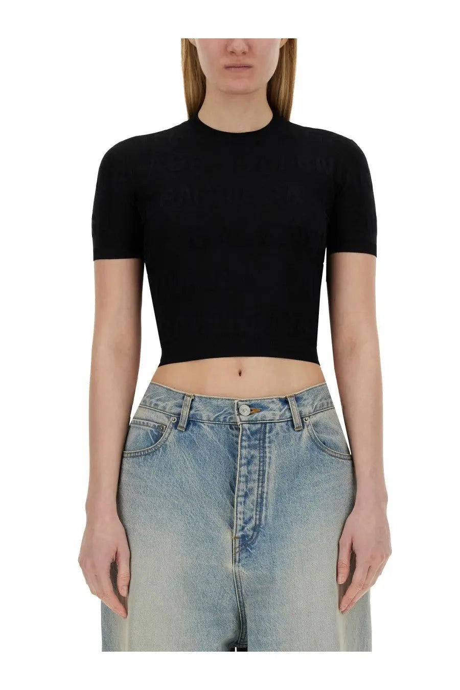 Balenciaga women’s black cropped shirt with ribbed texture short sleeves and high neckline in front view
