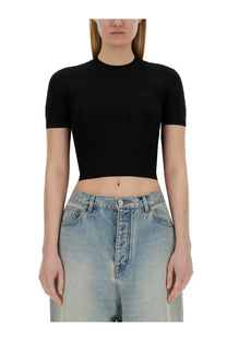 Balenciaga women’s black cropped shirt with ribbed texture short sleeves and high neckline in front view