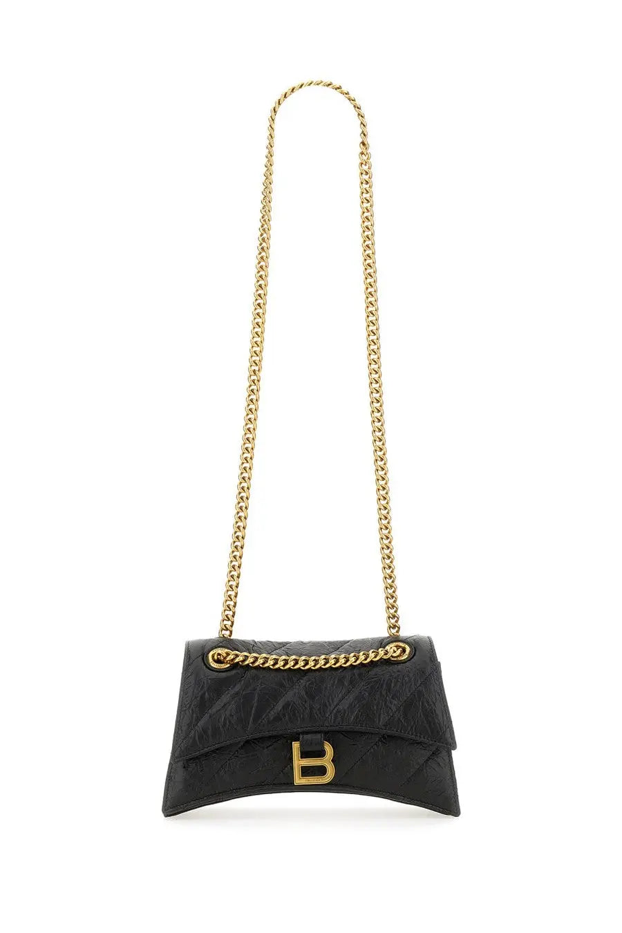 Balenciaga women’s crush small black quilted leather crossbody bag with gold-tone chain strap and prominent b logo clasp
