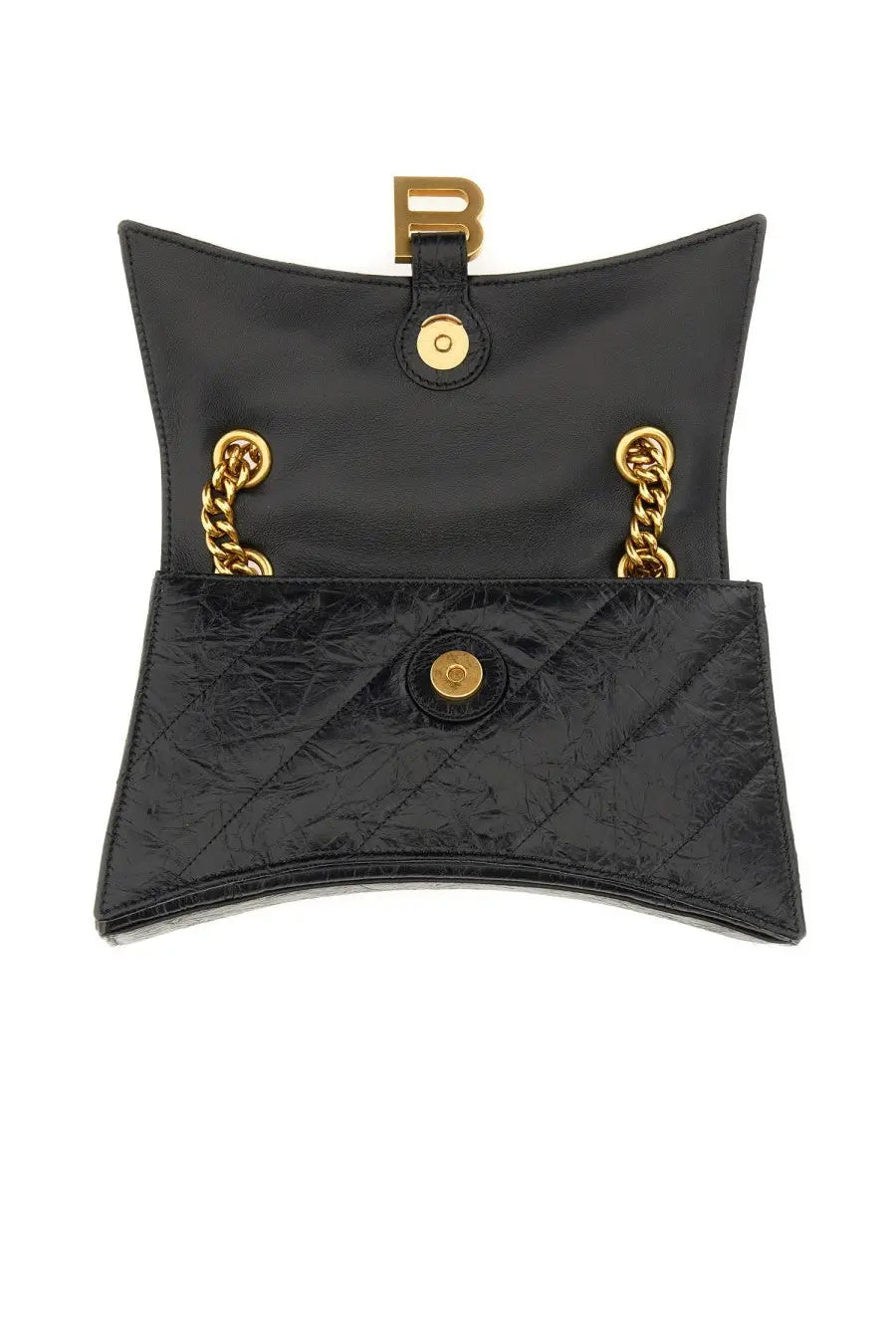Balenciaga women’s crush small black quilted leather crossbody bag with gold-tone hardware and b logo clasp