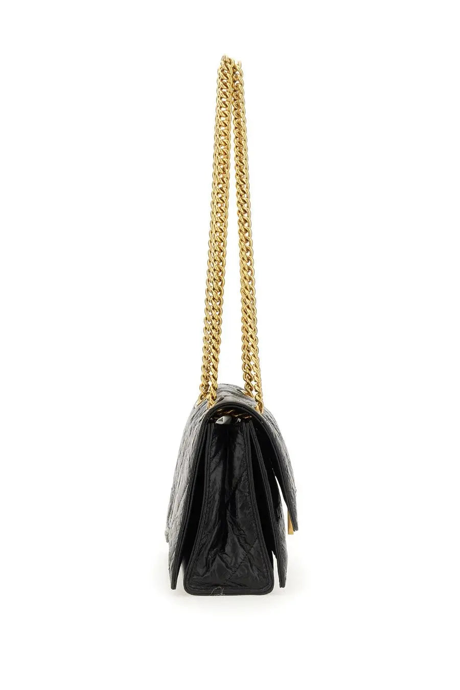Balenciaga women’s crush small bag black quilted leather handbag with gold-tone chain strap visible from front