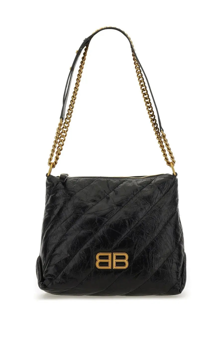 Balenciaga women’s crush zipped hobo bag in black quilted leather with gold-tone chain strap and bb logo plaque