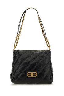 Balenciaga women’s crush zipped hobo bag in black quilted leather with gold-tone chain strap and bb logo plaque
