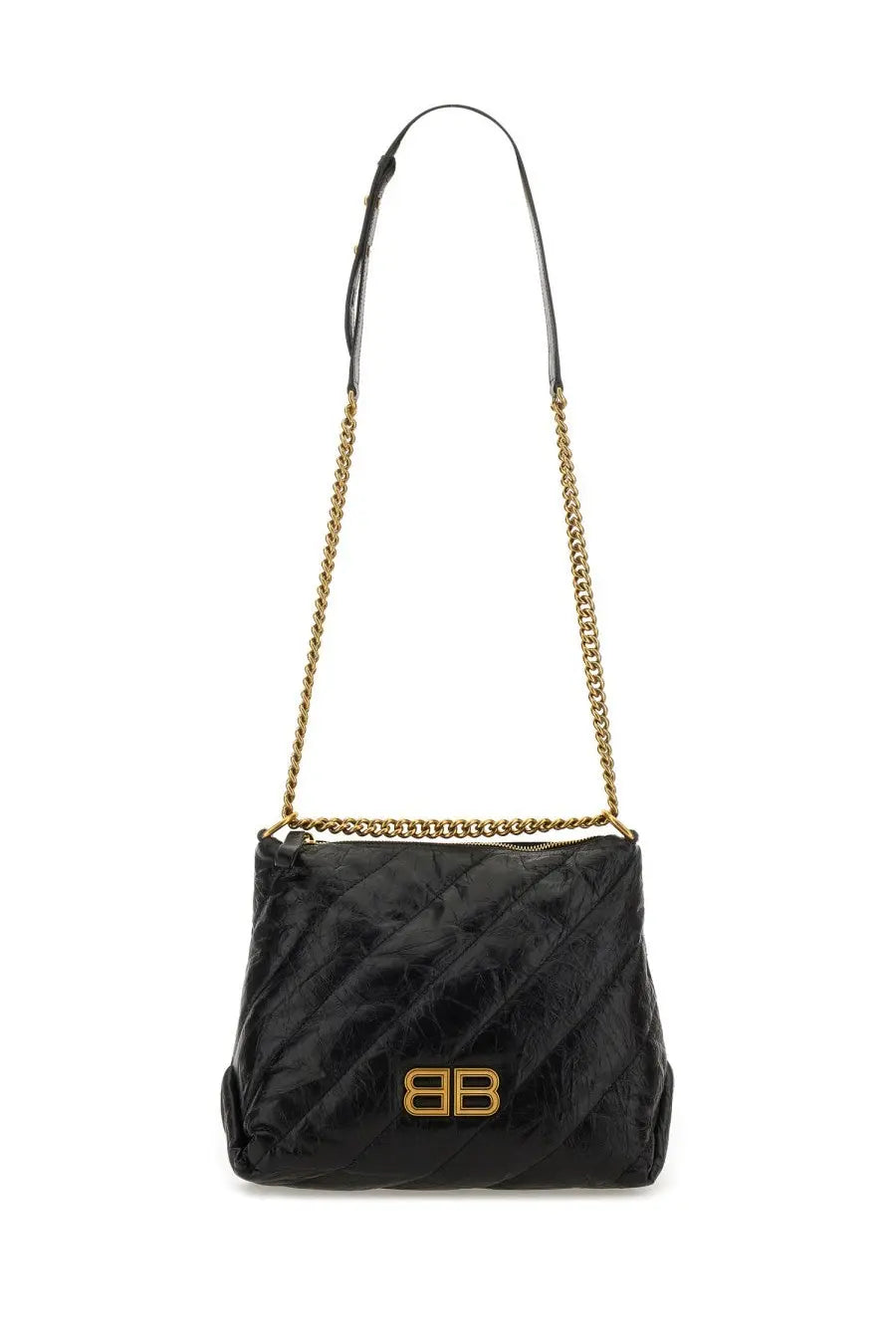 Balenciaga women’s black quilted leather crossbody bag with gold-tone chain strap and bb logo hardware