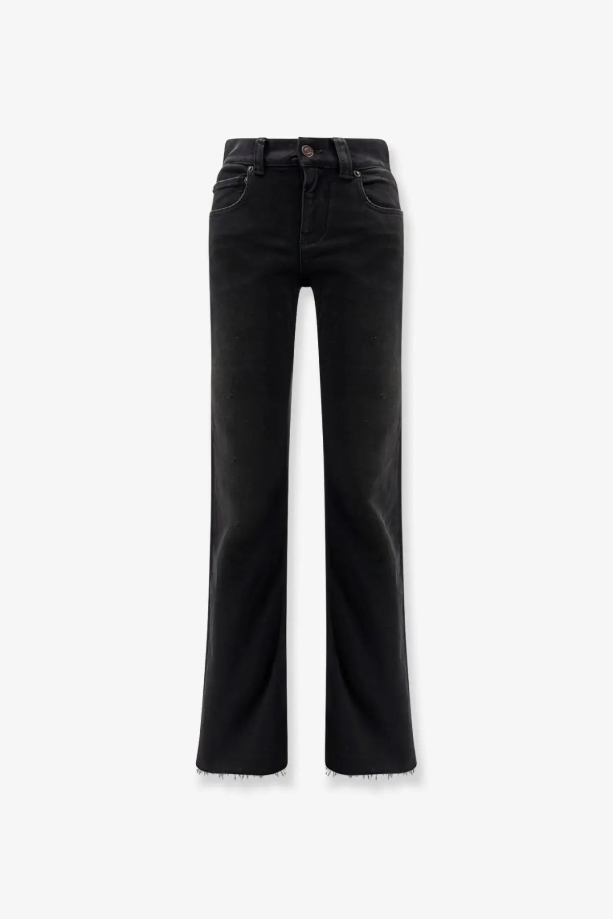 Balenciaga women’s black denim trousers with straight-leg cut and frayed hems in black denim material