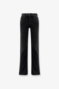 Balenciaga women’s black denim trousers with straight-leg cut and frayed hems in black denim material