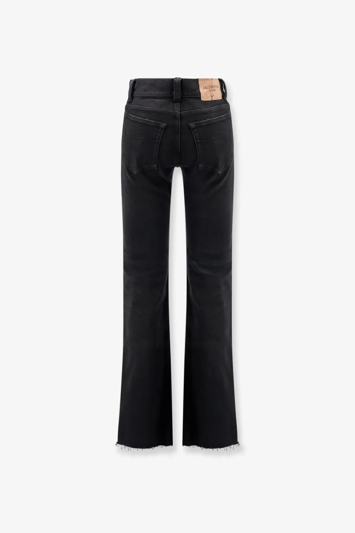 Balenciaga women’s black denim trousers with straight-leg cut and frayed hems made from premium denim material