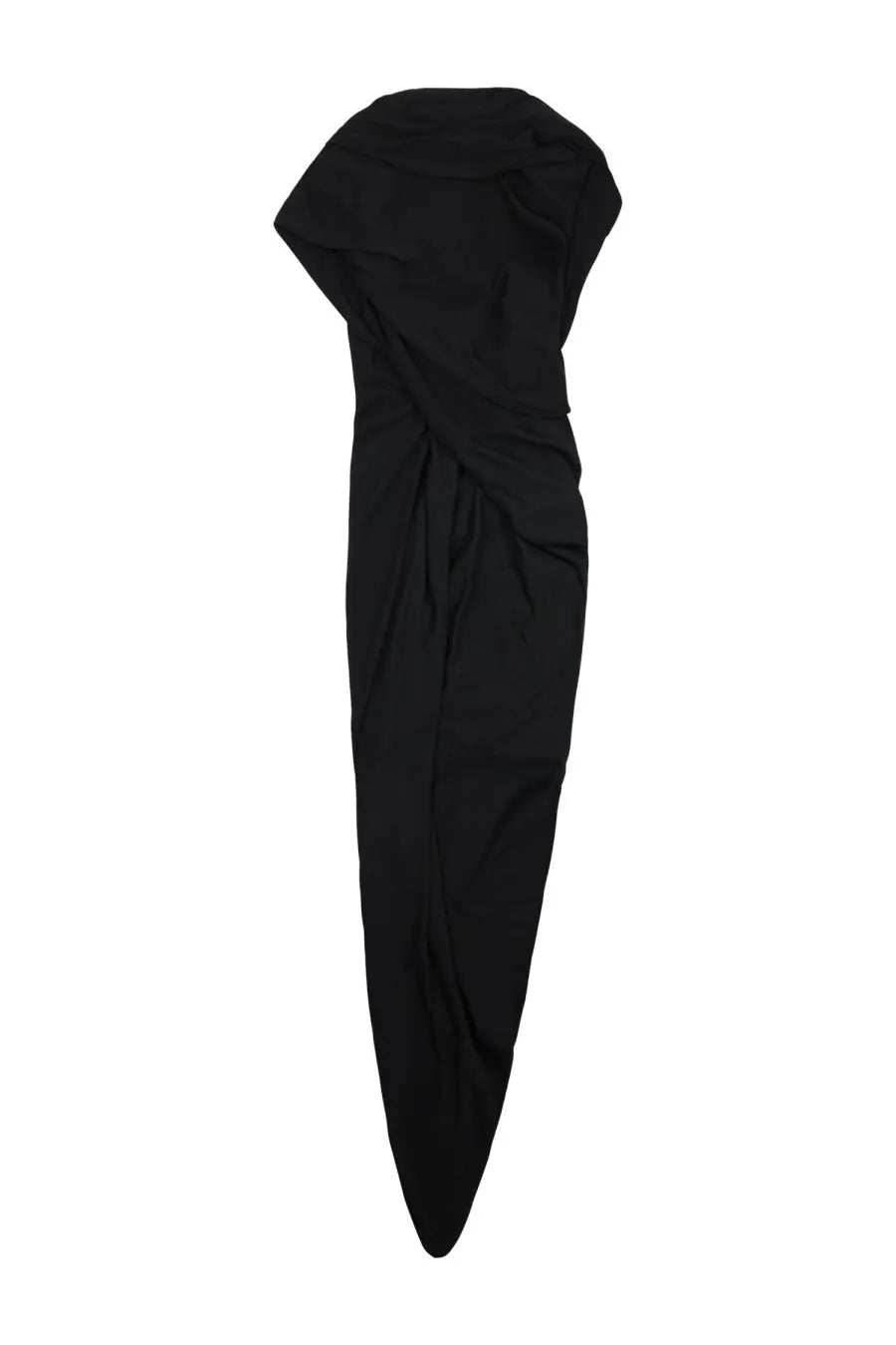 Balenciaga women’s black satin draped dress with asymmetrical neckline and fitted silhouette