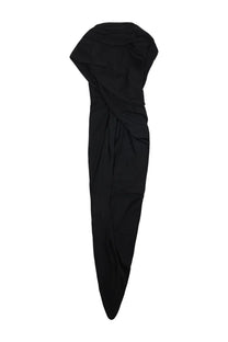 Balenciaga women’s black satin draped dress with asymmetrical neckline and fitted silhouette