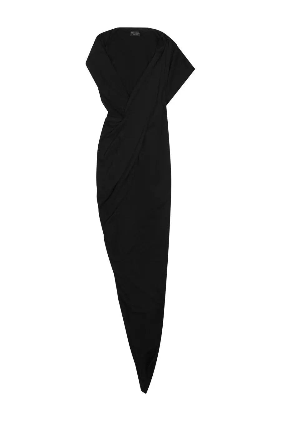 Balenciaga women’s black sleek wrap dress with draped asymmetrical design and short sleeves for elegant wear