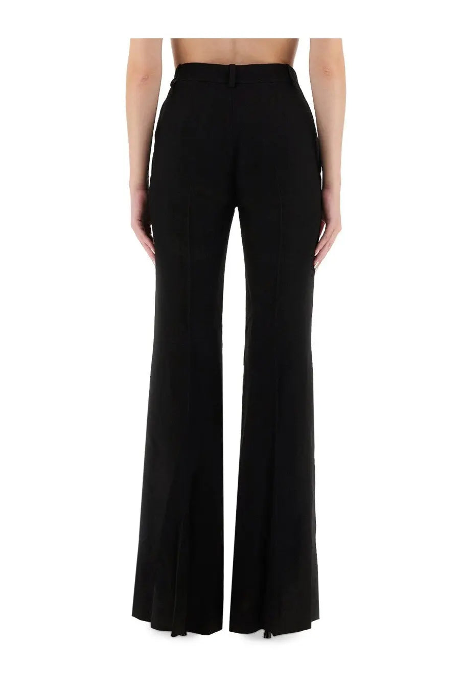 Balenciaga women’s black high-waisted flared pants with tailored fit and subtle side slits