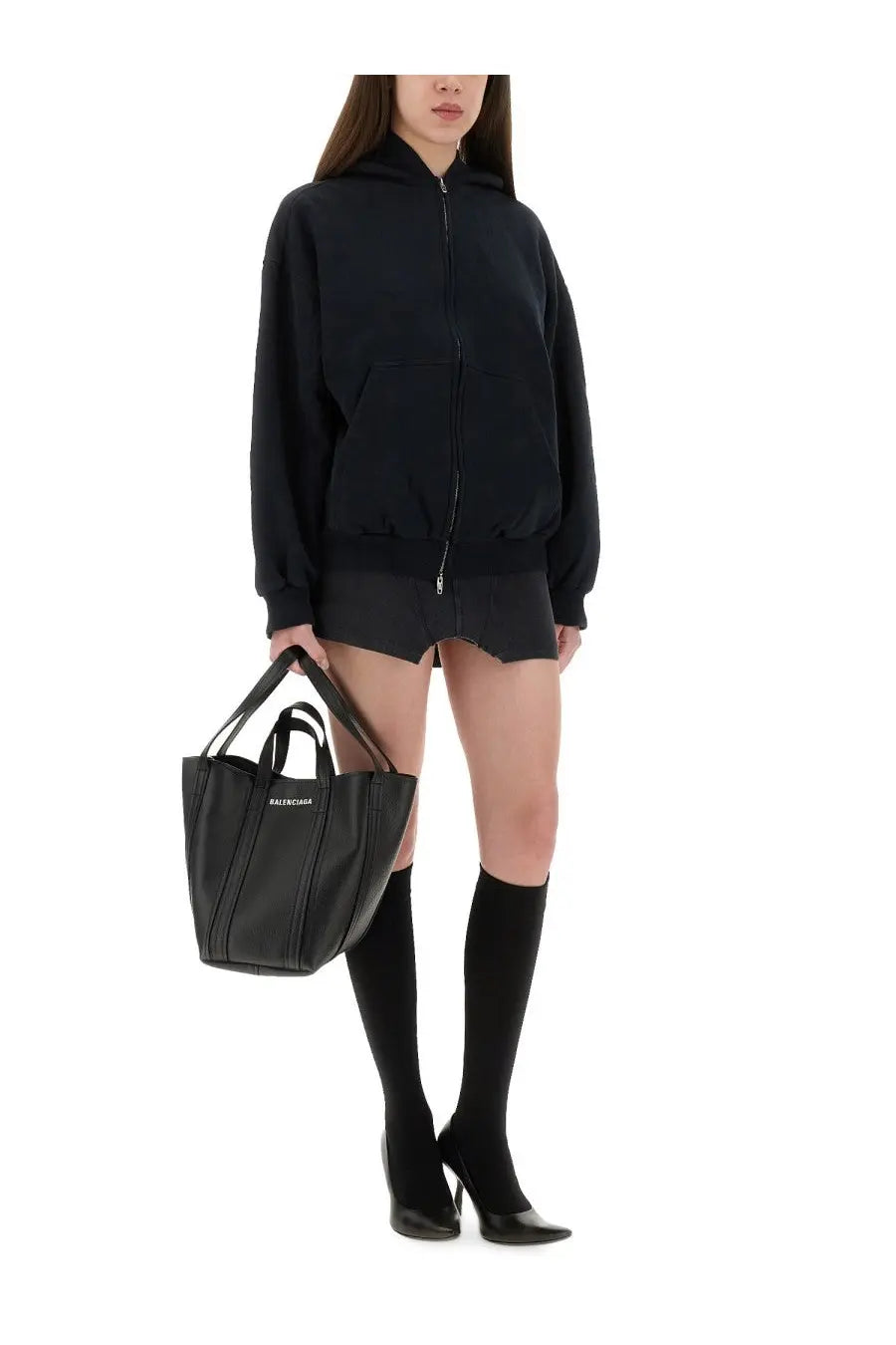 Black leather balenciaga shopping bag with top handles and front logo patch for balenciaga women’s flipped zippered sweatshirt black