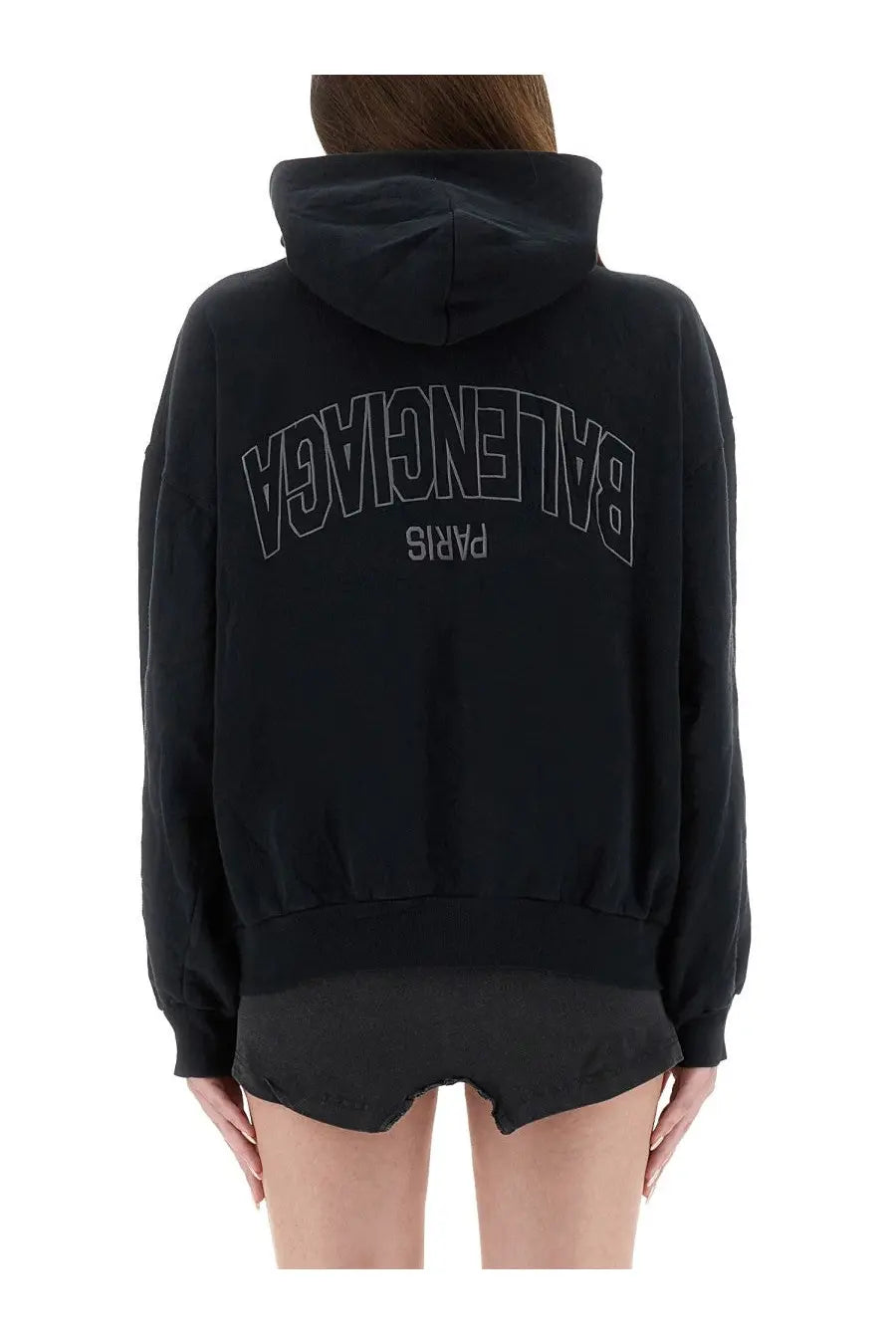 Balenciaga women’s flipped zippered sweatshirt black with black hoodie and silver thread arched balenciaga paris logo