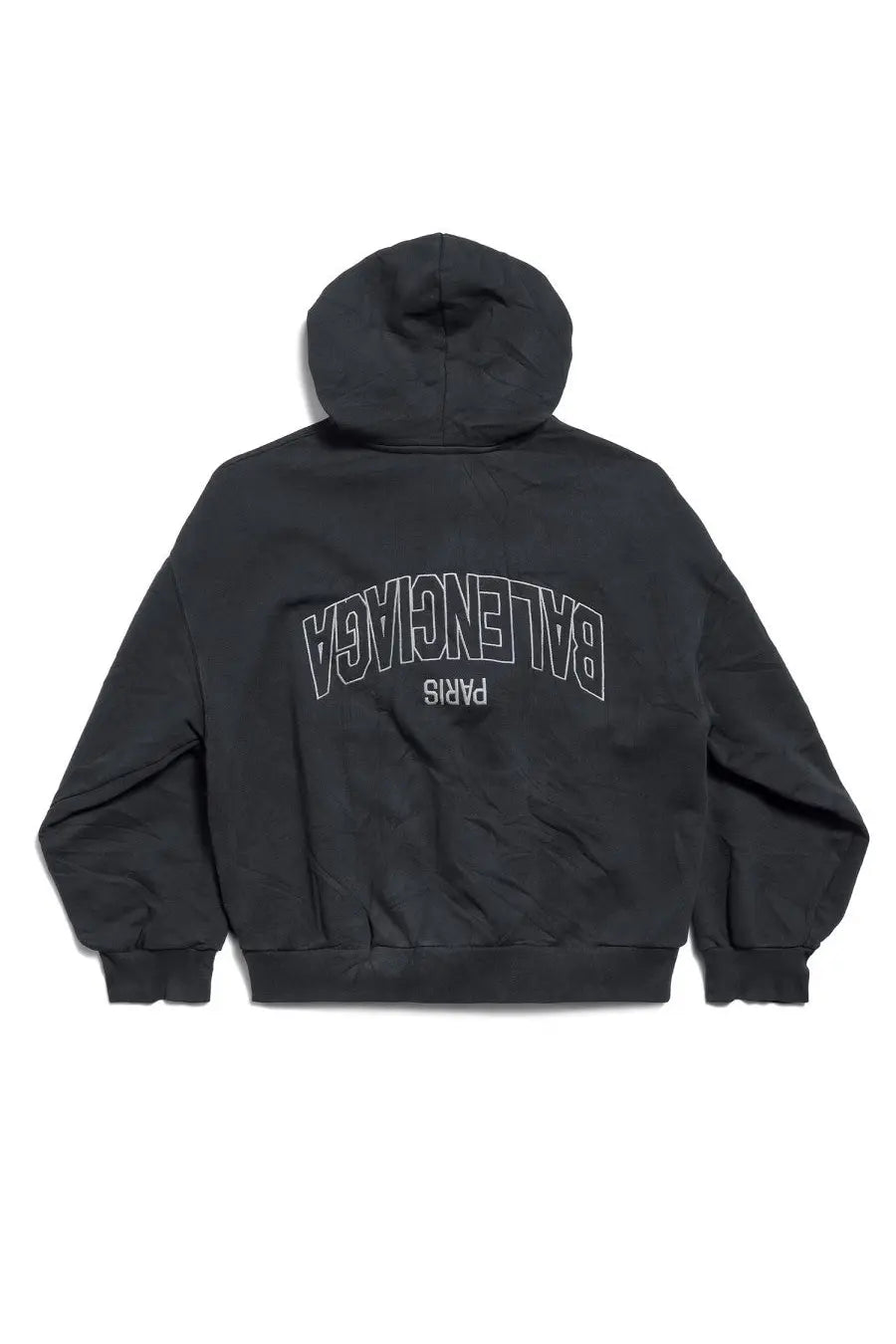 Back view of black balenciaga womens flipped zippered sweatshirt with white outlined paris lettering on hoodie