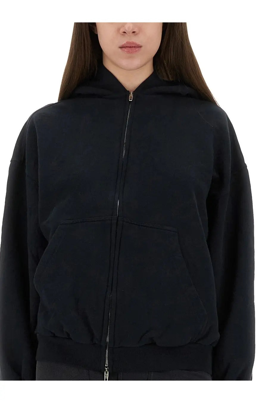 Balenciaga women’s flipped zippered sweatshirt black with relaxed fit and two front pockets in soft fabric