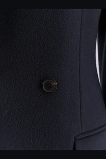 Dark navy wool coat button with subtle metallic sheen and embossed logo on balenciaga women’s godet midi double breasted coat