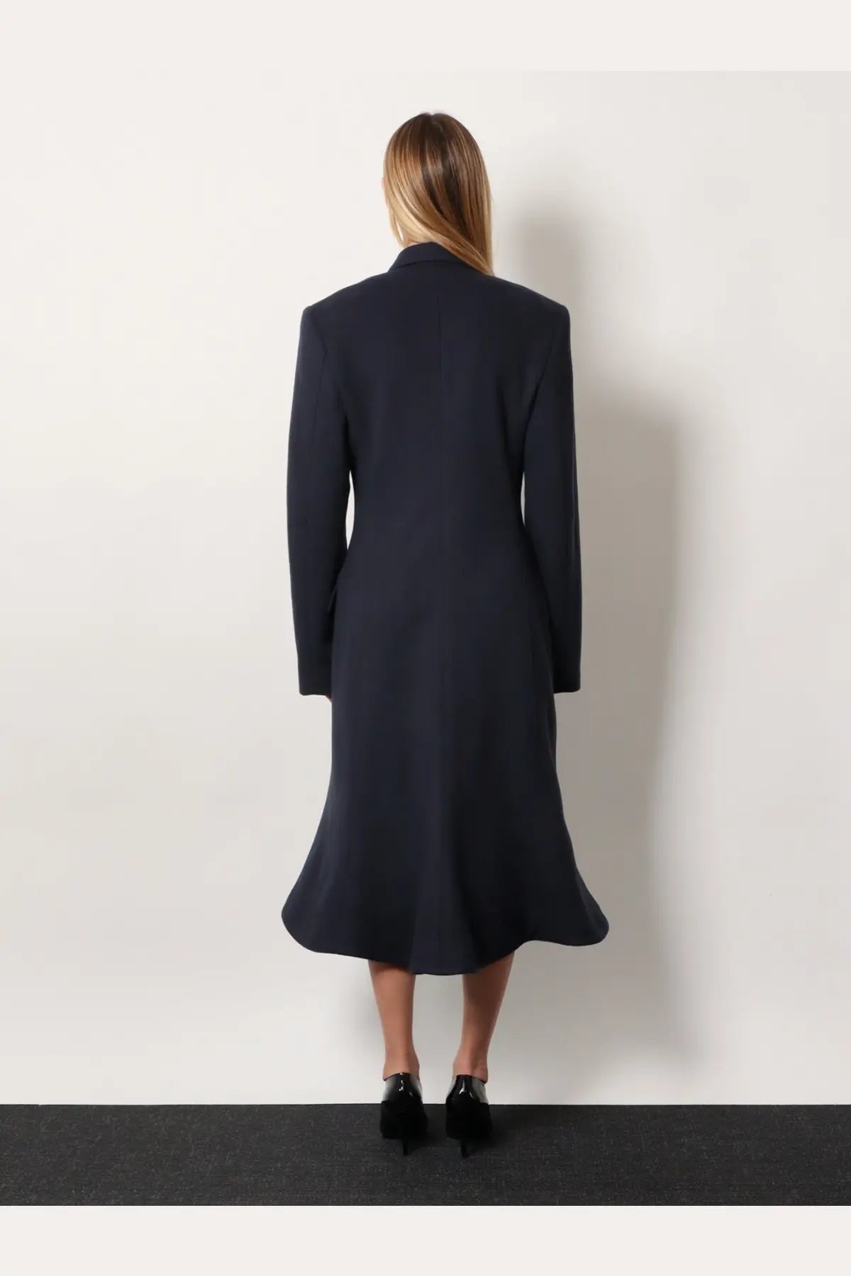 Balenciaga women’s godet midi double breasted navy blue wool coat with flared hem and structured shoulders