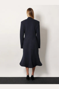 Balenciaga women’s godet midi double breasted navy blue wool coat with flared hem and structured shoulders