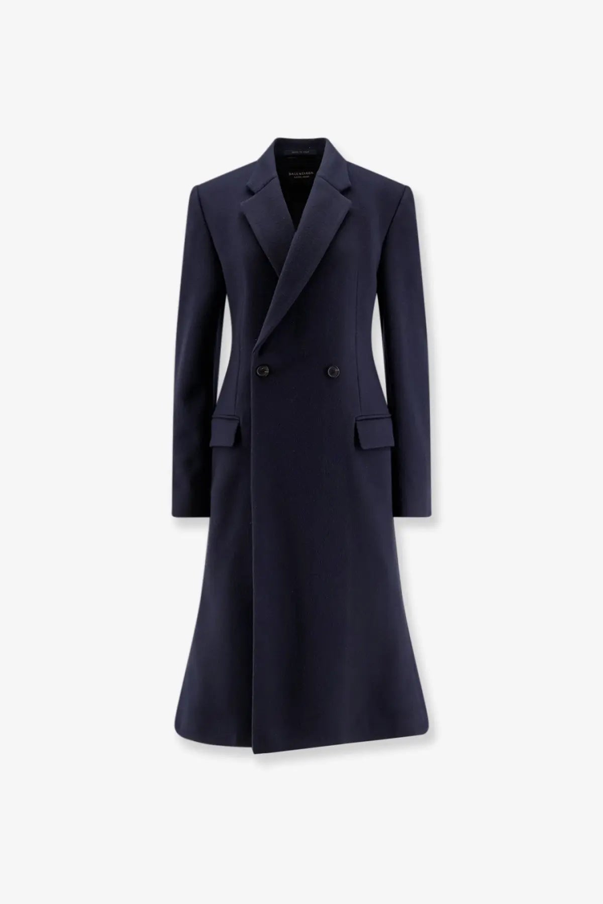 Balenciaga women’s godet midi double breasted navy blue wool coat with structured collar and flap pockets