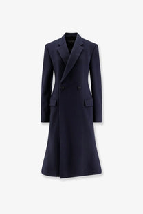Balenciaga women’s godet midi double breasted navy blue wool coat with structured collar and flap pockets