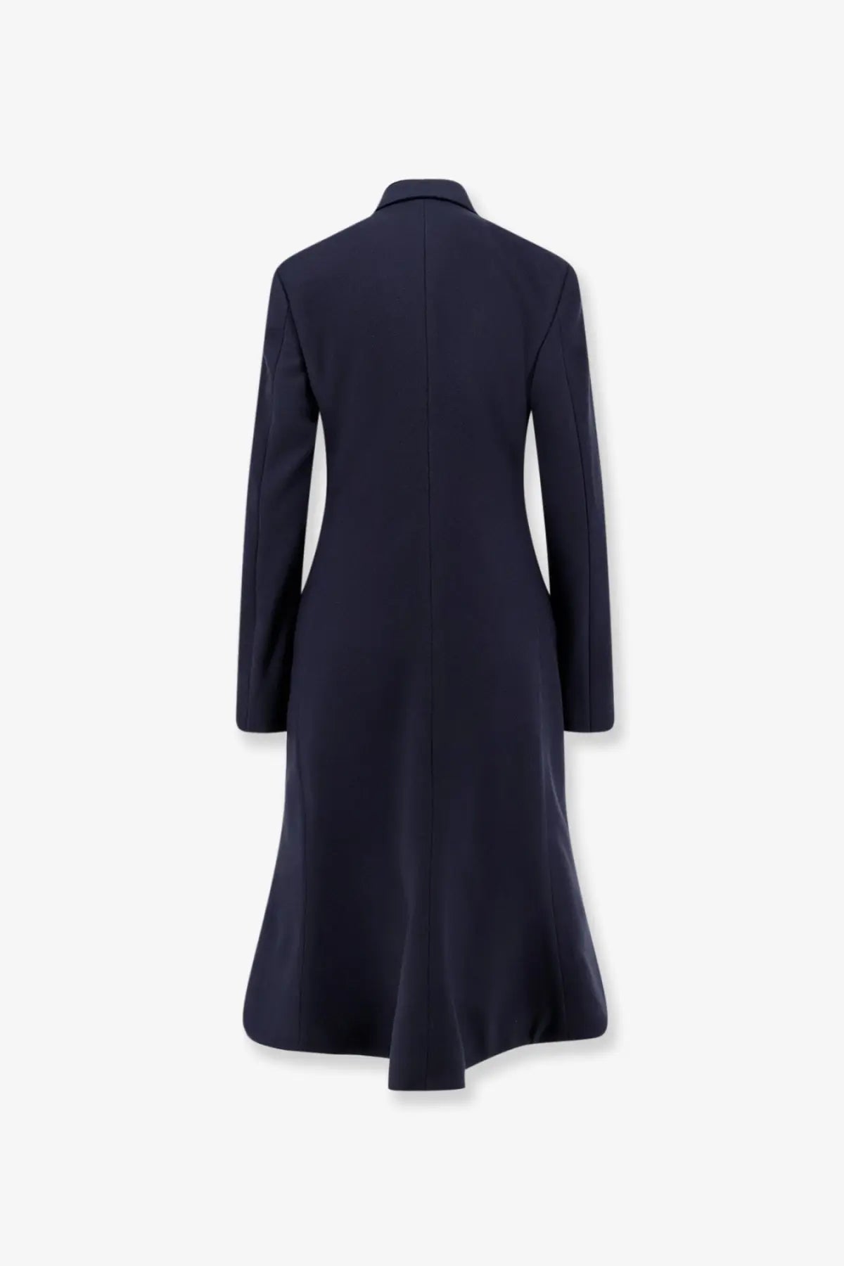 Balenciaga women’s godet midi double breasted wool coat in sleek navy blue with tailored fit and subtle flared hem
