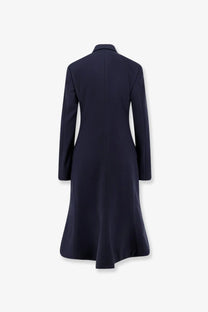 Balenciaga women’s godet midi double breasted wool coat in sleek navy blue with tailored fit and subtle flared hem
