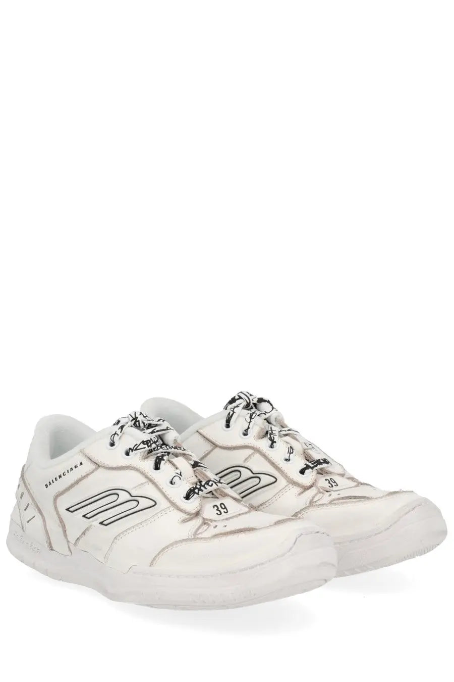 Balenciaga women’s hamptons sneaker white with black embroidered logos and laces in leather material