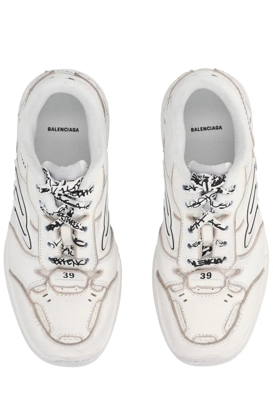 Balenciaga women’s hamptons sneaker white with black graffiti style laces and silver toned detailing in leather