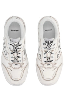 Balenciaga women’s hamptons sneaker white with black graffiti style laces and silver toned detailing in leather