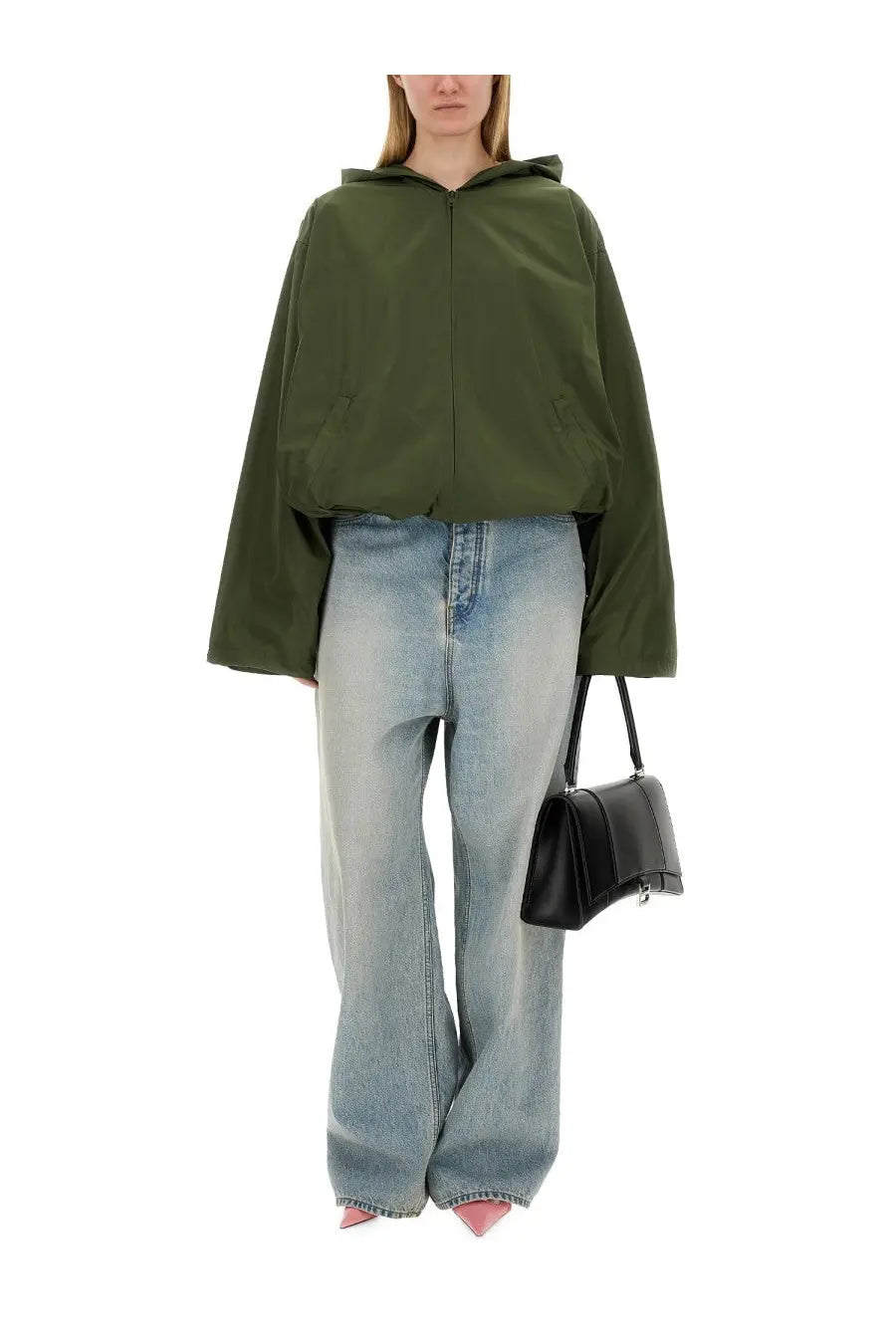 Balenciaga women’s olive green hooded jacket with front zipper and wide sleeves in a lightweight fabric