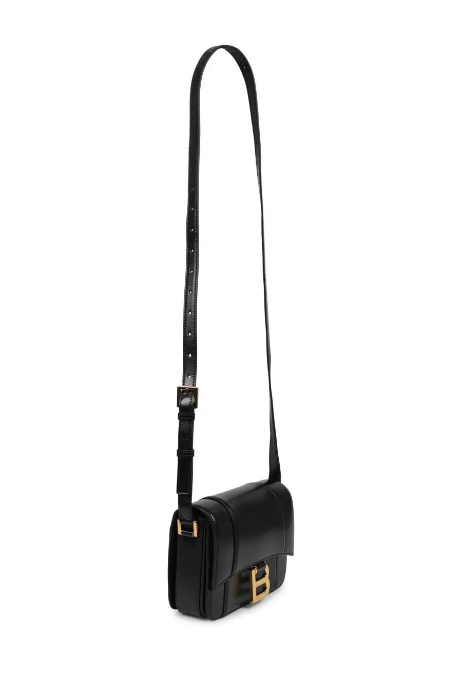 Balenciaga women’s hourglass small black leather crossbody bag with gold-tone hardware and logo clasp