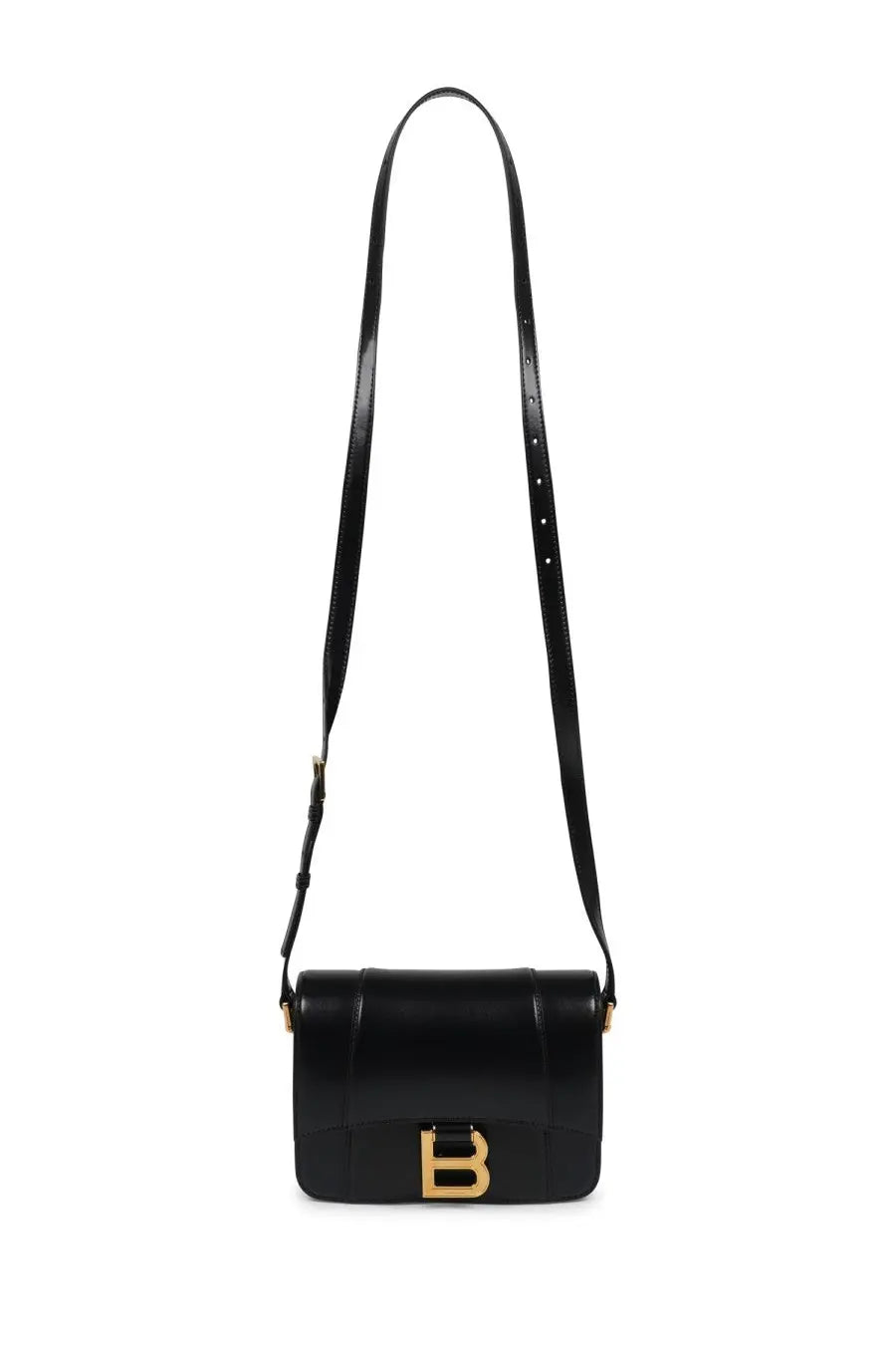 Balenciaga women’s small black leather hourglass crossbody bag with gold-tone b logo clasp front view