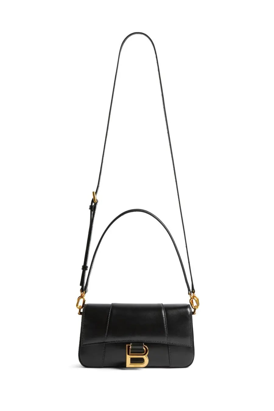 Balenciaga women’s hourglass small black leather crossbody bag with gold-tone b logo clasp and adjustable strap